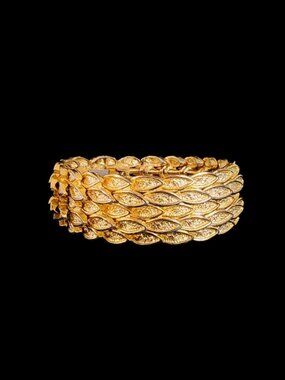 Vtg 1960s Mid-Century Wide Gold Tone Textured Leaf Stretch Panel Bracelet 7”